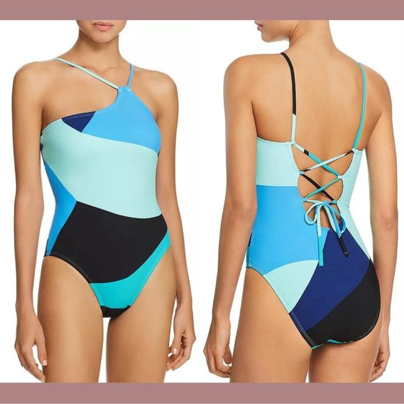 NWT La Blanca [ 12 ] Sips & Slices‎ One-Shoulder One Piece Swimsuit Blue - Picture 1 of 12